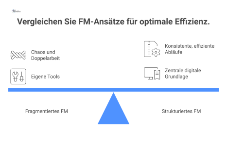 Infografik vergleicht fragmentiertes Facility Management mit chaotischen Silos mit einem strukturierten, zentral gesteuerten System, das für Ordnung und Effizienz sorgt. 