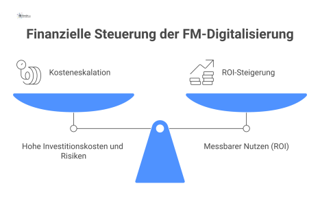 Diagramm zur FM-Digitalisierung, das Investitionskosten und Risiken dem messbaren Nutzen (ROI) und KPIs zur kontinuierlichen Kontrolle gegenüberstellt.