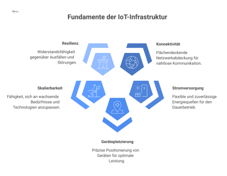 Infografik der fünf Säulen einer effektiven IoT-Infrastruktur: Konnektivität, Stromversorgung, Geräteplatzierung, Skalierbarkeit und Resilienz.
