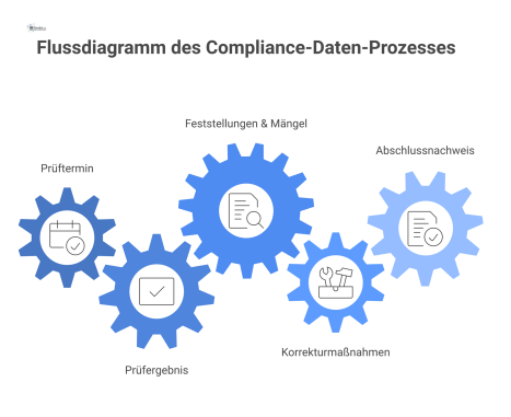 Infografik als Flussdiagramm, das den Compliance-Prozess von Prüftermin über Korrekturmaßnahmen bis zum Abschlussnachweis zur Erreichung der Auditfähigkeit zeigt.