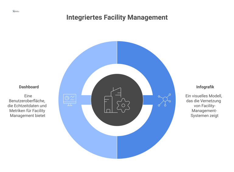 Infografik im Hub-and-Spoke-Stil, die einen zentralen Hub für Facility Management zeigt, der fünf verschiedene Systeme digital miteinander vernetzt.
