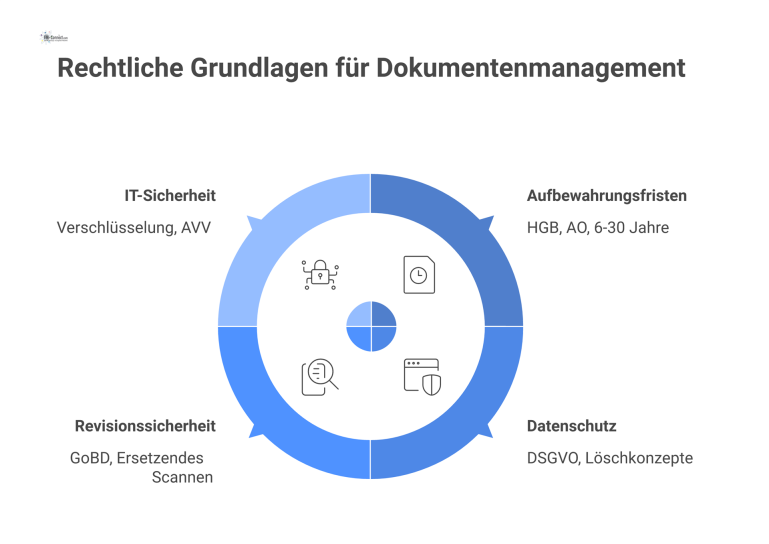 Rechtliche Grundlagen für Dokumentenmanagement Hub-and-Spoke-Infografik zu rechtlichen Grundlagen des Dokumentenmanagements mit den vier Speichen Aufbewahrungsfristen, Datenschutz, Revisionssicherheit und IT-Sicherheit.