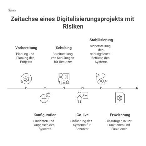 Infografik als Zeitachse eines Digitalisierungsprojekts, das sechs Phasen mit ihren jeweiligen Risiken von der Vorbereitung bis zur Erweiterung darstellt. 