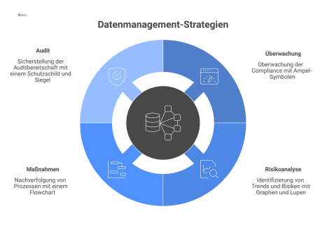 Infografik mit einem zentralen Daten-Hub, der mit den vier Bereichen Überwachung, Risikoanalyse, Maßnahmen und Audit visuell verbunden ist.