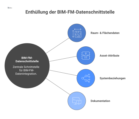 Infografik der BIM-FM-Datenschnittstelle, die vier Informationsströme von einem zentralen BIM-Daten-Hub zum Facility Management darstellt: Raumdaten, Assets, Systeme, Dokumentation.