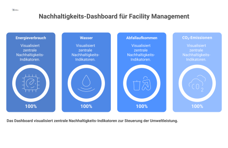 Infografik eines digitalen Dashboards, das Nachhaltigkeits-Indikatoren wie Energie, Wasser, Abfall und CO₂-Emissionen mit Graphen und Symbolen visualisiert.